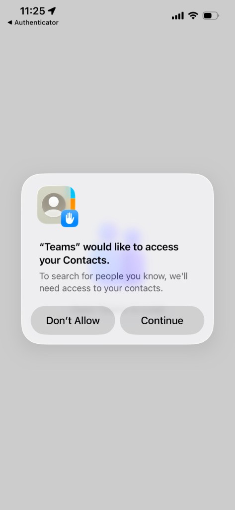Teams asking to access Contacts, with Don't Allow and Continue