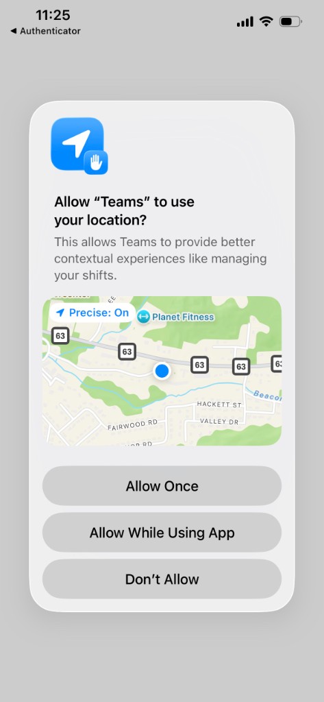 Teams asking to use your location, with Allow Once, Allow While Using App, and Don't Allow