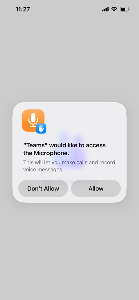 Teams asking to access the microphone, with Don't Allow and Allow