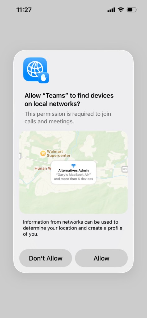 Teams asking to find devices on local networks, with Don't Allow and Allow