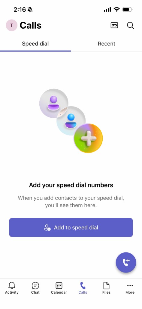 Calls screen with a phone plus button in the bottom right