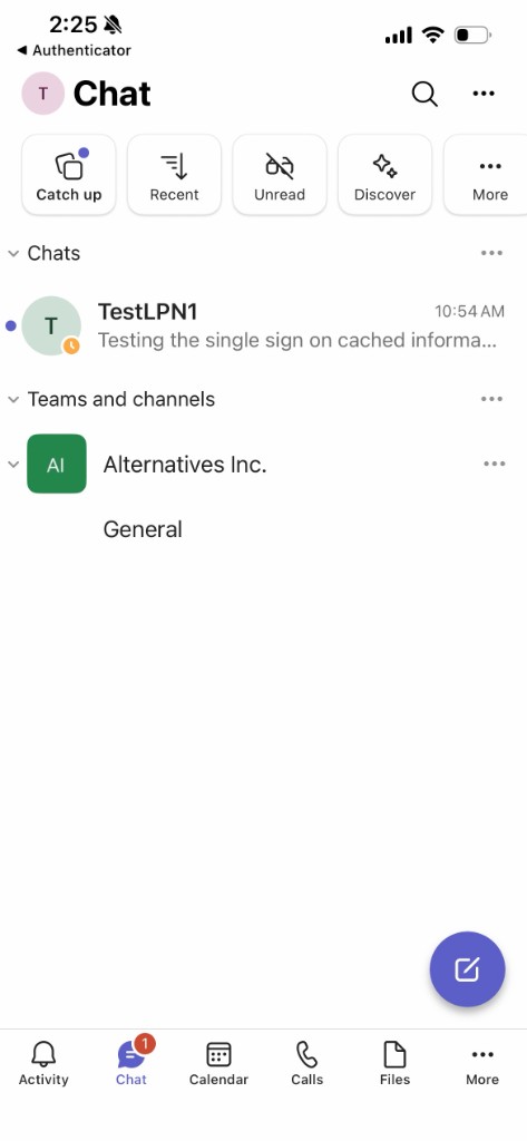 Teams Chat screen with a purple pencil button at the bottom right