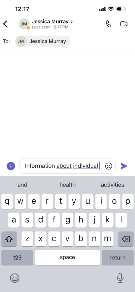 Chat with one person in To, a typed message, and a purple send arrow
