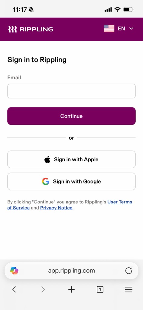 The Rippling sign-in page with the address at the bottom