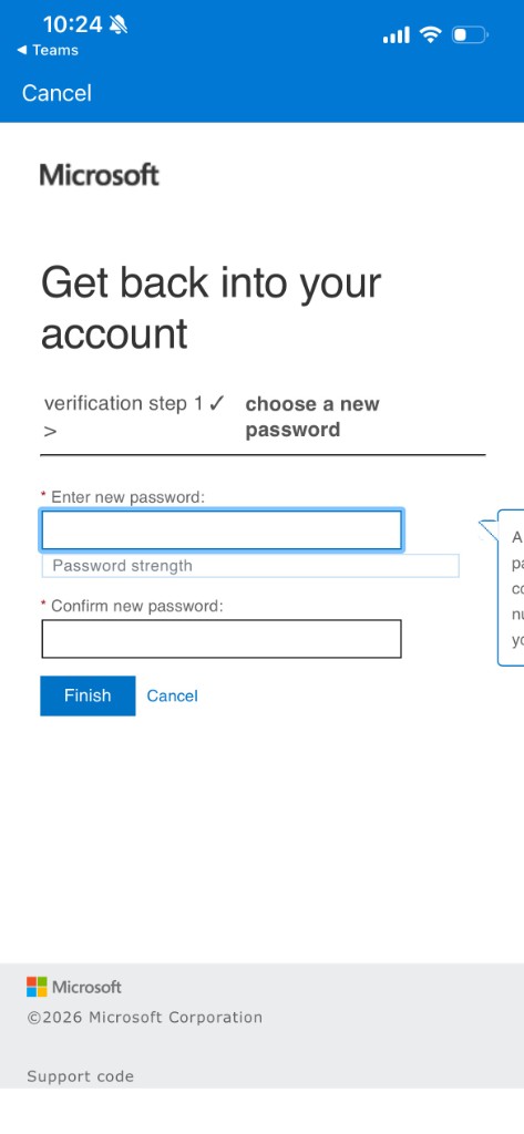 Screen to enter and confirm a new password, with a Finish button