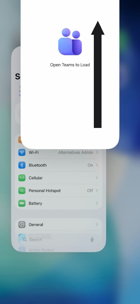 The Teams card with an arrow showing a swipe up to close it