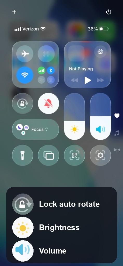 Control Center with a key for lock auto rotate, brightness, and volume