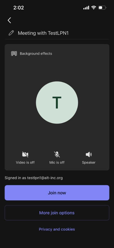 Join screen with a picture and Video is off