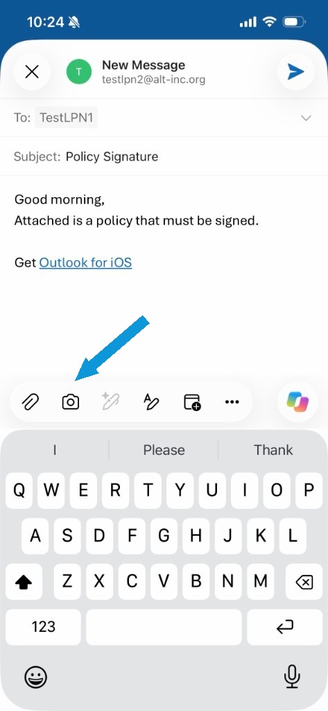 New message with an arrow pointing to the camera icon