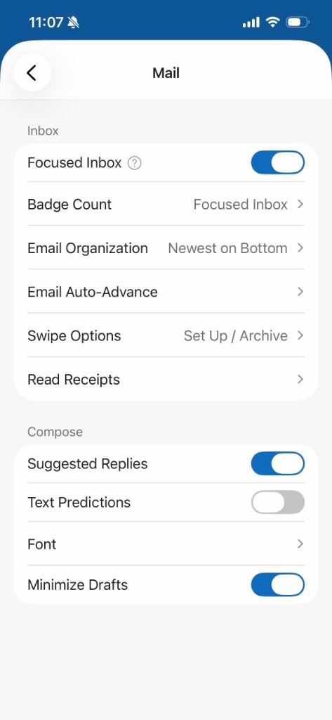 Mail settings with Focused Inbox turned on