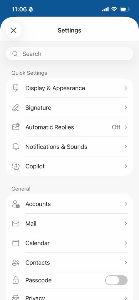 Settings with Mail in the list