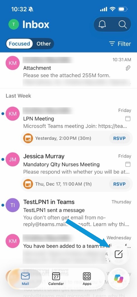 Outlook inbox with an arrow pointing to the pencil