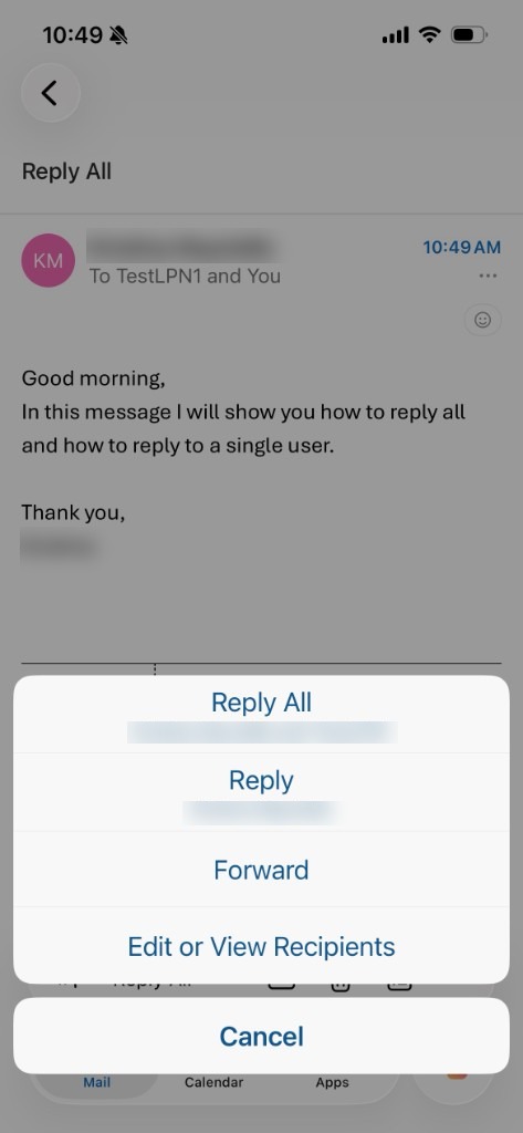 The menu with Reply All and Reply