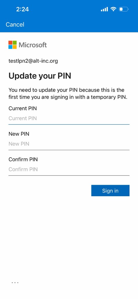 Update your PIN screen with current PIN, new PIN, and confirm PIN