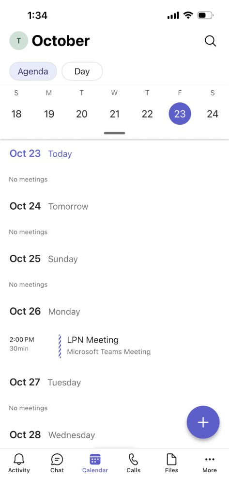 Teams calendar with the Calendar icon and a purple plus button