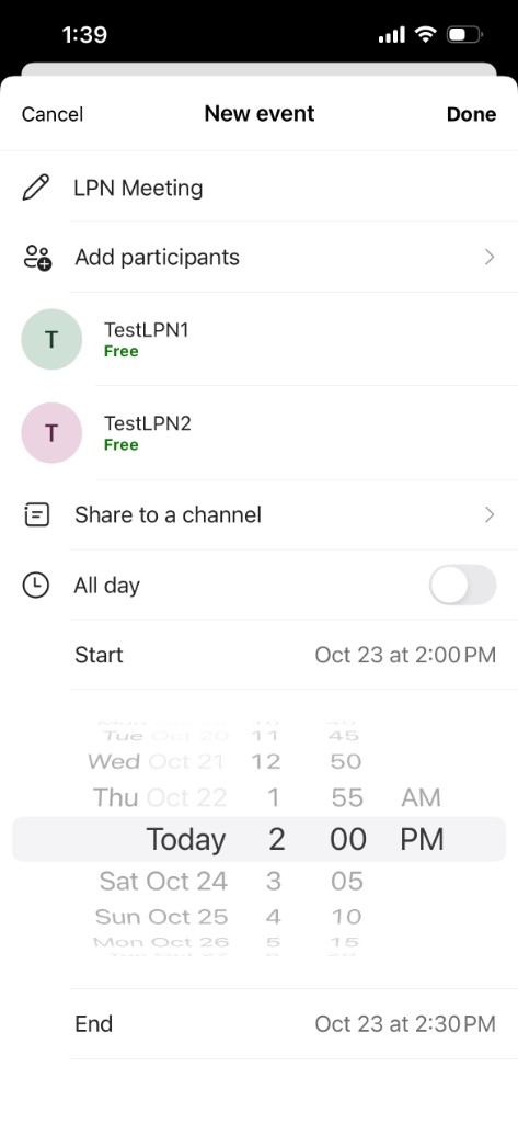 New event screen with the date and time being set