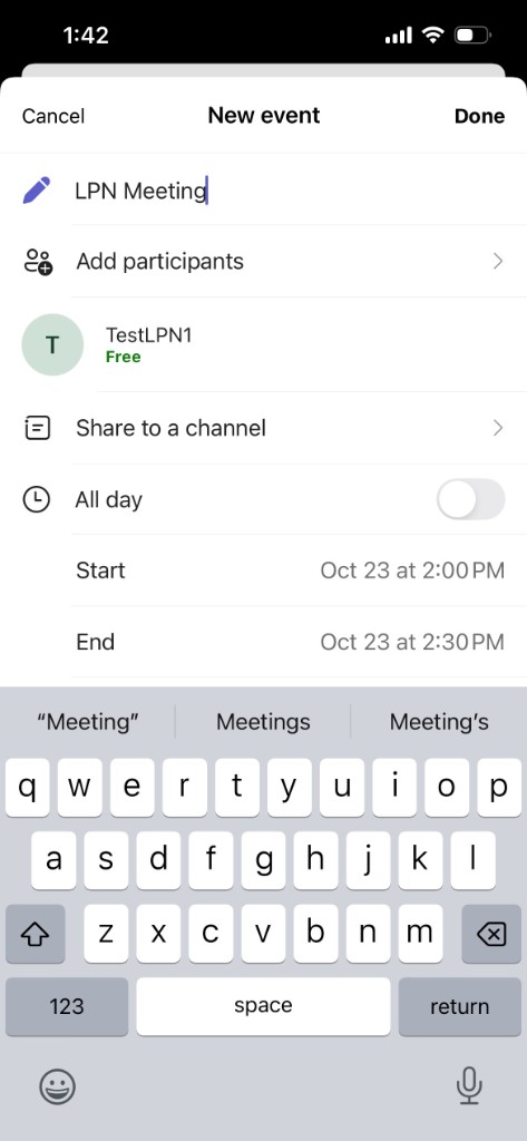 New event screen with a meeting title being typed