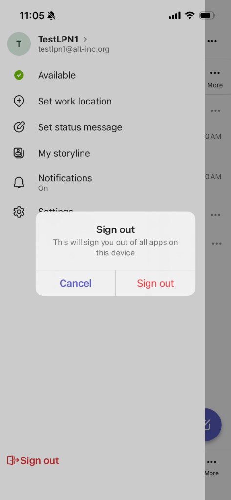 Sign out message that says this will sign you out of all apps on this device