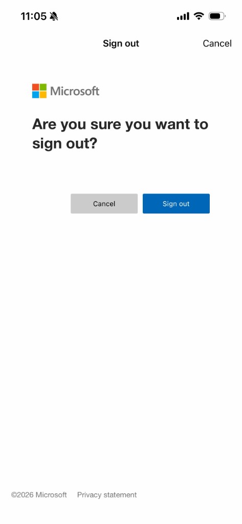 Microsoft confirmation asking Are you sure you want to sign out