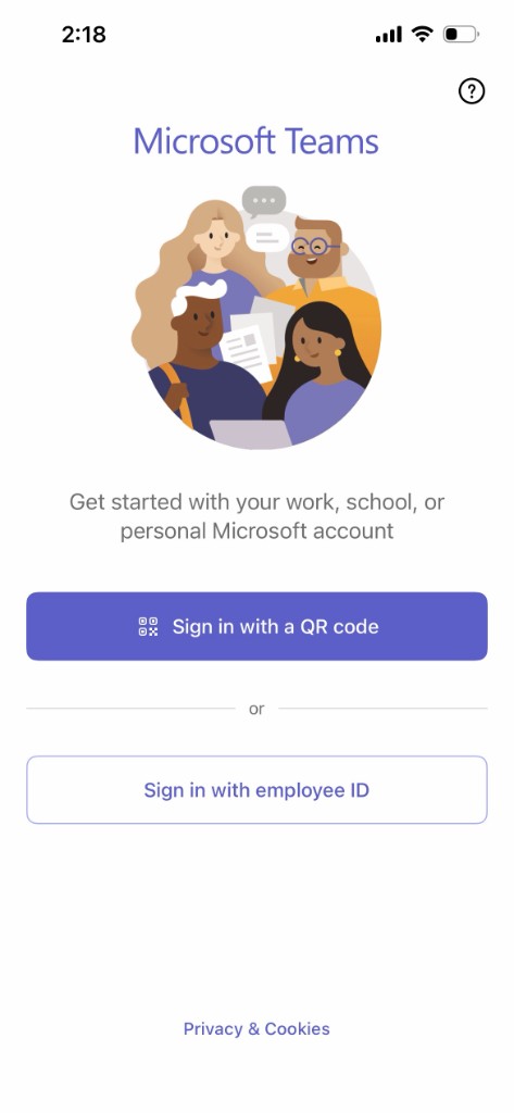 Teams welcome screen with Sign in with a QR code and Sign in with employee ID