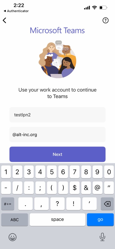 Teams username screen with a sample name and the alt-inc.org domain